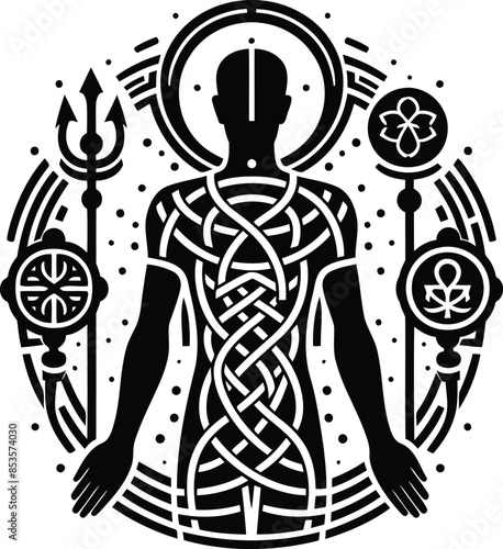 osiris, Pharaoh in silhouete with celtic knot pattern illustration