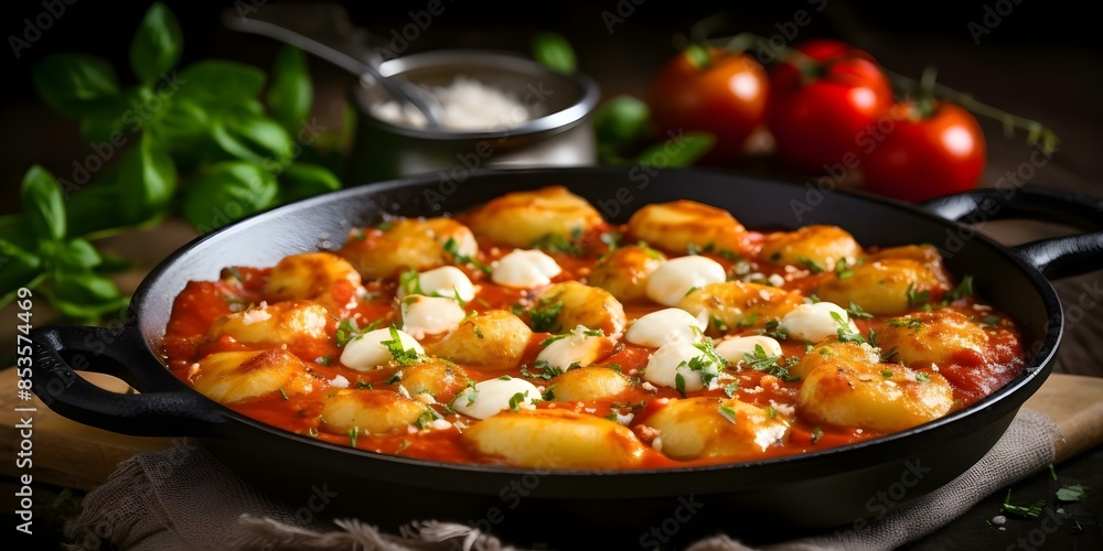 Traditional Campanian Recipe Gnocchi alla Sorrentina with Tomato Sauce and Mozzarella. Concept Italian Cuisine, Campanian Recipes, Gnocchi alla Sorrentina, Tomato Sauce, Mozzarella Traditional Campanian Recipe Gnocchi alla Sorrentina with Tomato Sauce and Mozzarella. Concept Italian Cuisine, Campanian Recipes, Gnocchi alla Sorrentina, Tomato Sauce, Mozzarella