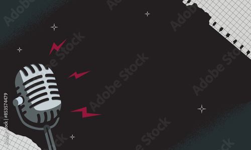 Black and white background illustration with retro microphone, with torn checkered pieces of paper. A template for a banner, an announcement.