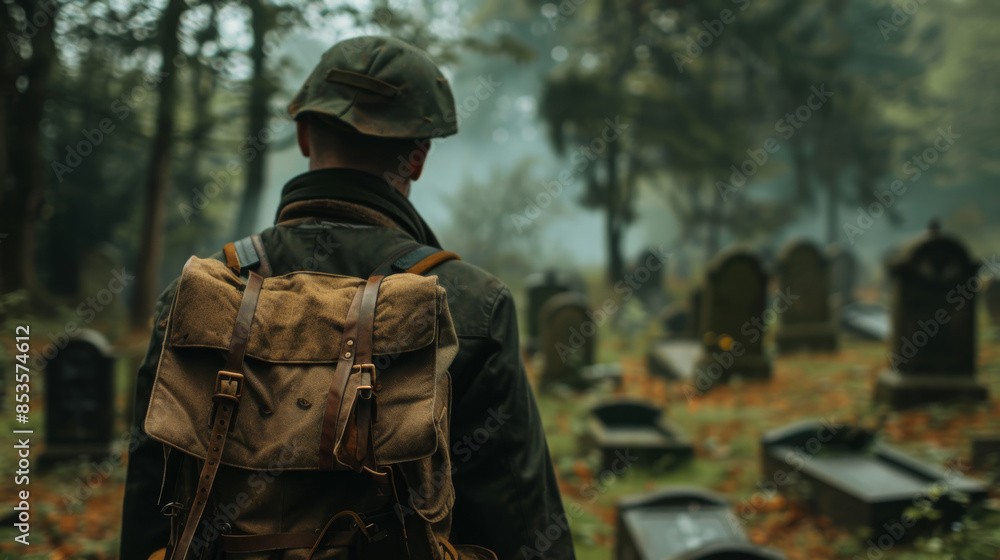 A veteran stands in a cemetery against the backdrop of graves. A veteran stands in a cemetery against the backdrop of graves.