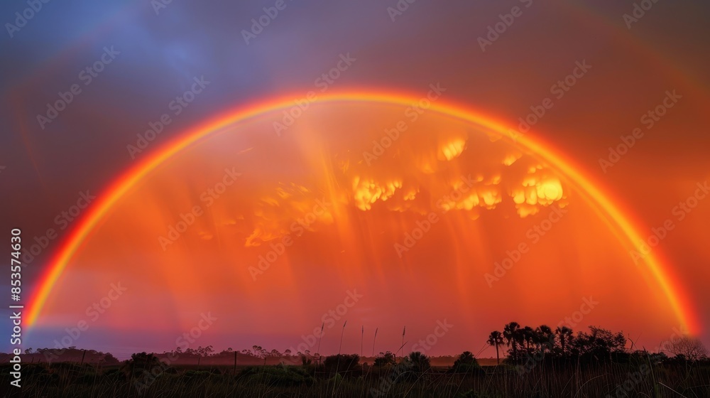 Dramatic sunset rainbow arching over an open field, with vibrant orange and red hues illuminating the sky, creating a stunning and vibrant natural scene. Dramatic sunset rainbow arching over an open field, with vibrant orange and red hues illuminating the sky, creating a stunning and vibrant natural scene.