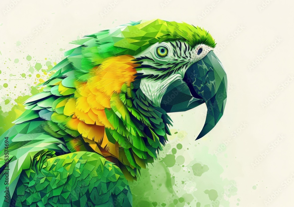 Fototapeta premium Close-up portrait of a macaw parrots head, rendered in a polygonal style, set against a watercolor background with splashes of green