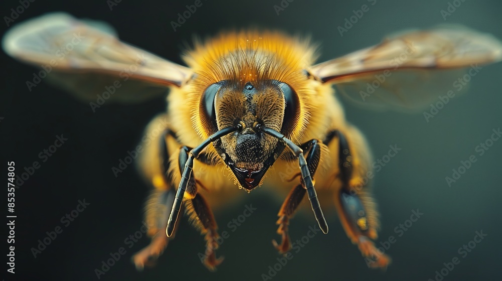 Macro image of a fly and a bee on a leaf in nature, showcasing insects like bees, flies, and bugs with detailed close-ups of their black and yellow bodies, wings, and stingers, against a white isolate Macro image of a fly and a bee on a leaf in nature, showcasing insects like bees, flies, and bugs with detailed close-ups of their black and yellow bodies, wings, and stingers, against a white isolate