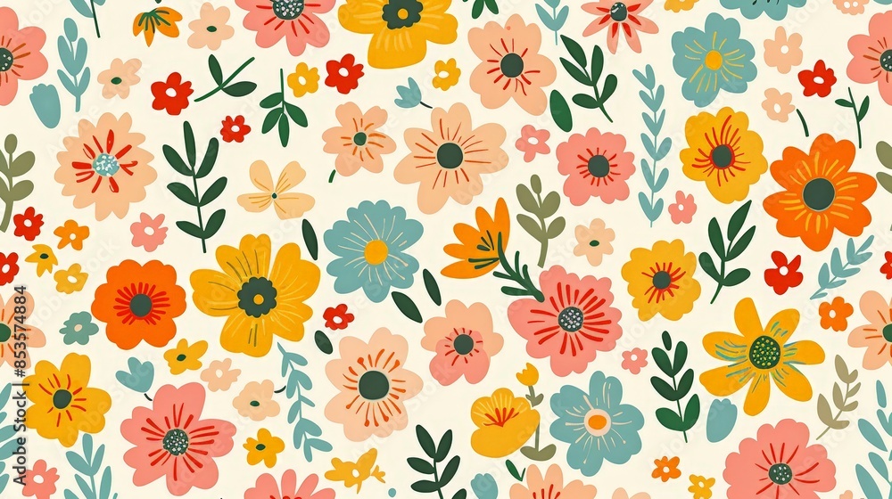 Vibrant Floral Pattern on Complementary Background - Modern Handmade Flat Design with Textured Vector Background Vibrant Floral Pattern on Complementary Background - Modern Handmade Flat Design with Textured Vector Background