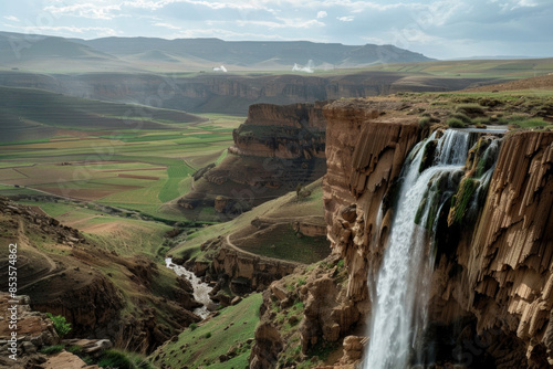 A waterfall flowing from a green landscape into a canyon