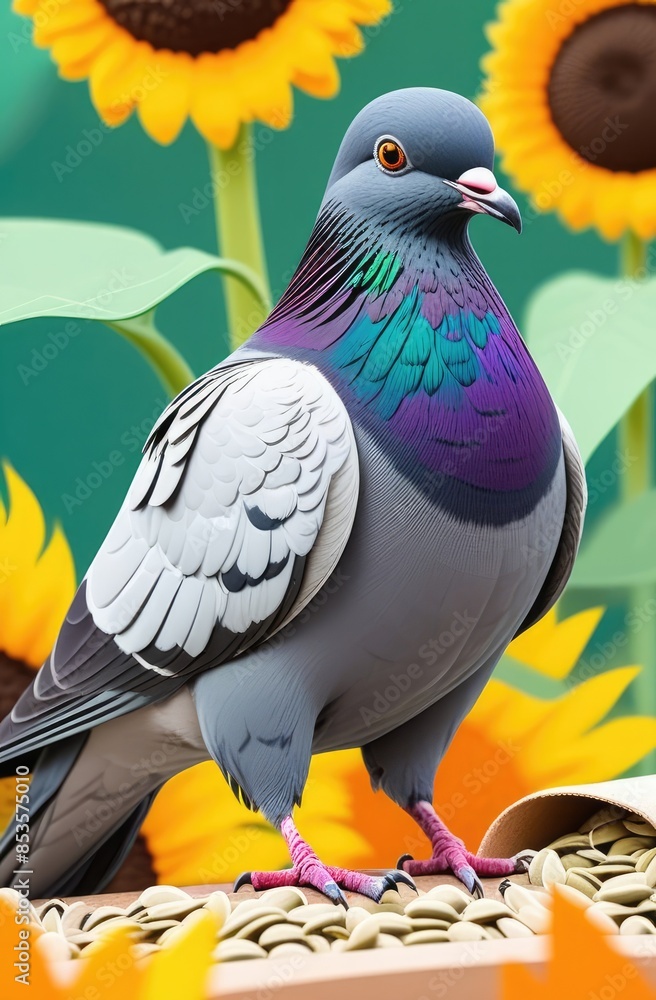 Fototapeta premium collared pigeon, sitting on a sunflower illustration