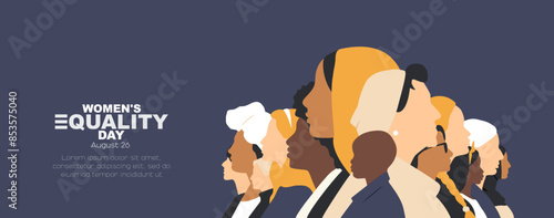 Women's Equality Day banner. Women of different ethnicities stand side by side together. 