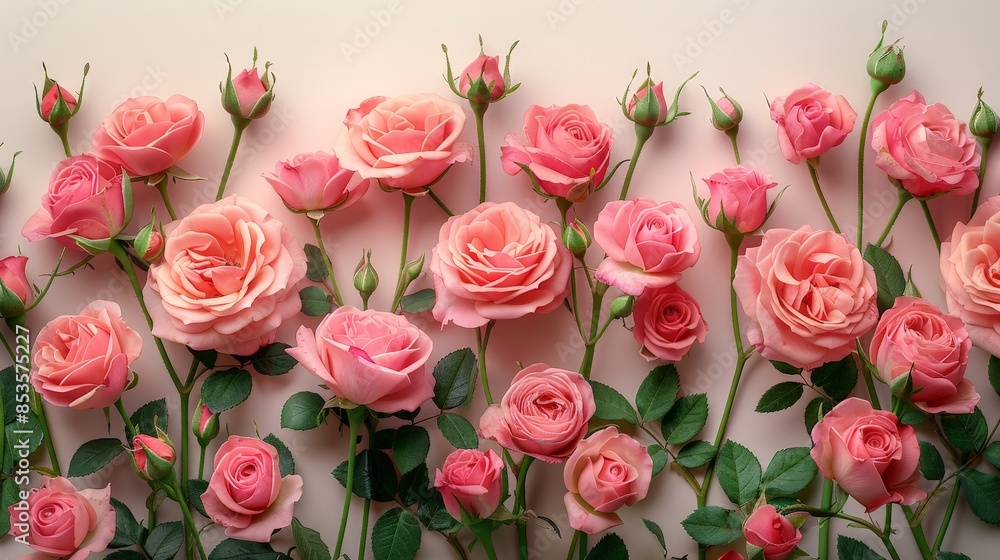 Beautiful Pink Roses on White Background with Copy Space for Holidays and Special Occasions - Top View Flower Card Design