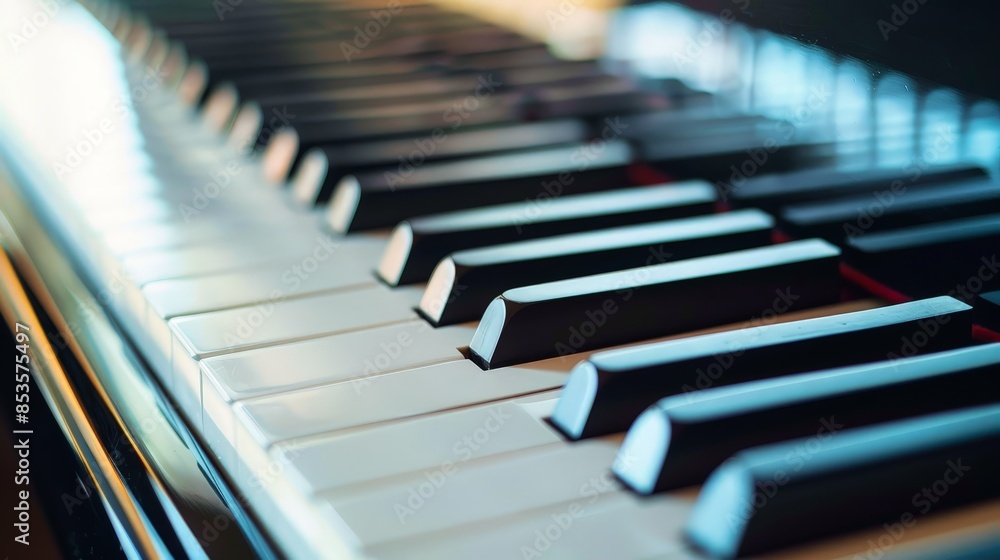Elegant Close-Up of Black Grand Piano Keys with Soft Lighting in Music Studio Elegant Close-Up of Black Grand Piano Keys with Soft Lighting in Music Studio