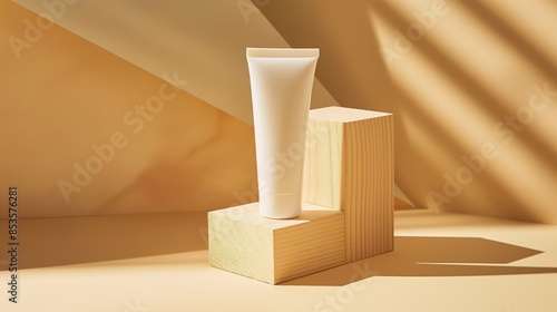 A tube of cream on top, a beige background and wooden blocks in the foreground.