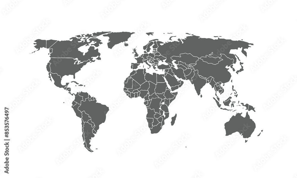Naklejka premium Map of world isolated on white background. for website layouts, background, education, precise, customizable, Travel worldwide, map silhouette backdrop, earth geography, political, reports.