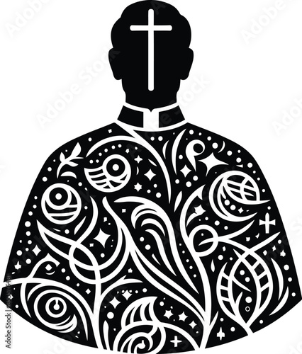 pastor in silhouete with bohemian nature pattern illustration