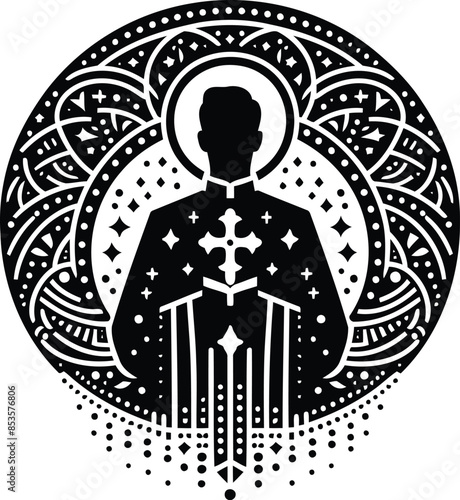 pastor in silhouete with bohemian nature pattern illustration