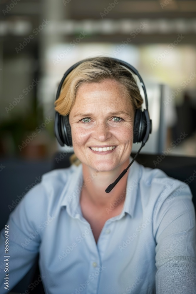 Smiling woman with headset in office, looking directly at the camera Smiling woman with headset in office, looking directly at the camera