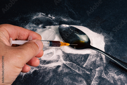 Drug addiction concept. The syringe is filled with heroin prepared in a spoon. Dark background photo