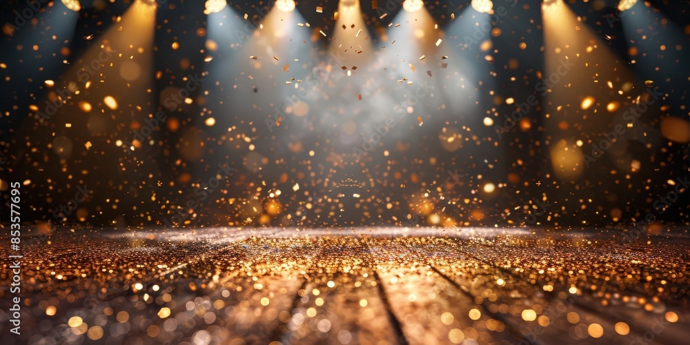 Golden Celebration Background with Confetti and Spotlights Stock ...