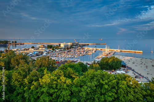 Beautiful scenery of Gdynia city with a marina at sunset. Poland