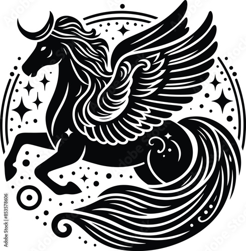 pegasus in silhouete with bohemian nature pattern illustration