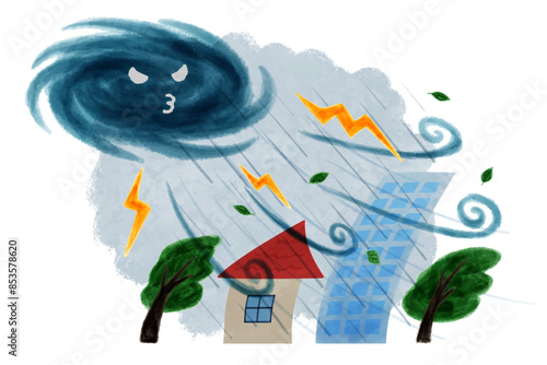 台風で防風や雷、雨が激しい水彩画風イラスト