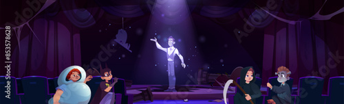 Children hiding from ghost in abandoned theater. Vector cartoon illustration of scared kids in Halloween costumes sitting on floor, dead actor silhouette in spotlight on broken stage, dusty curtains