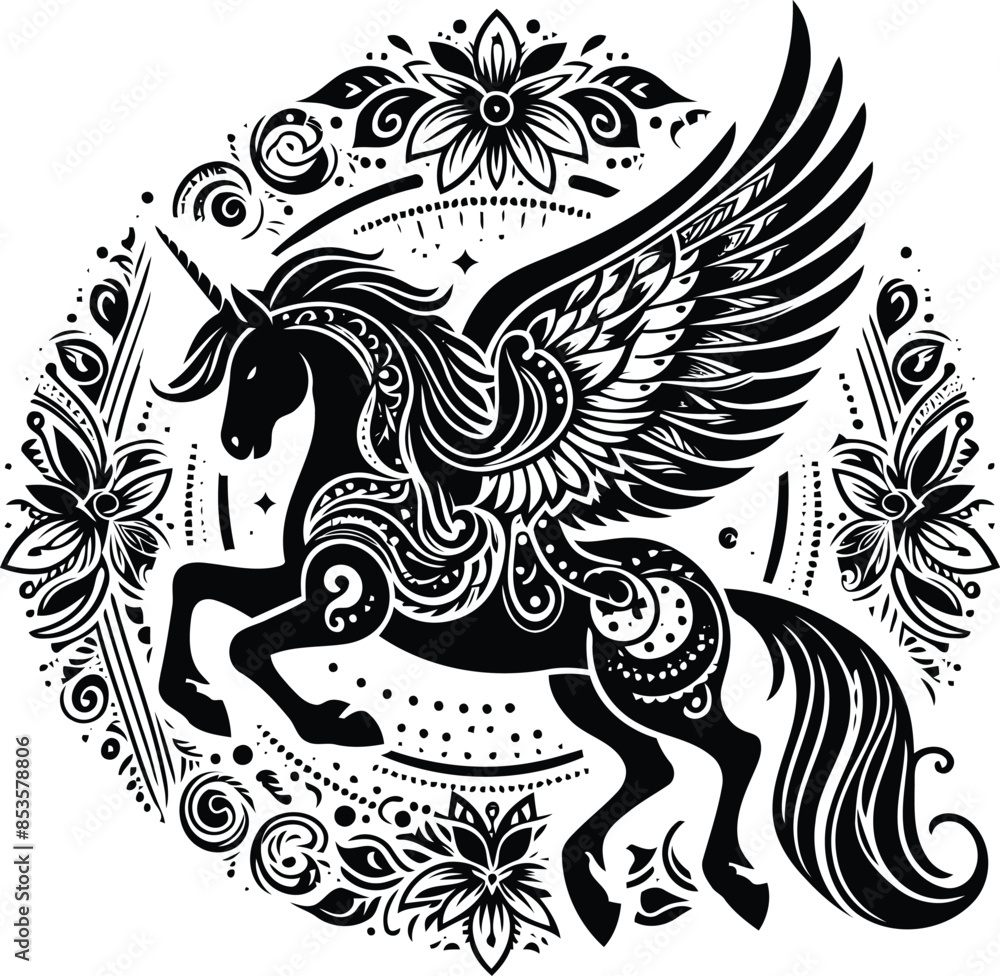 pegasus in silhouete with bohemian nature pattern illustration pegasus in silhouete with bohemian nature pattern illustration