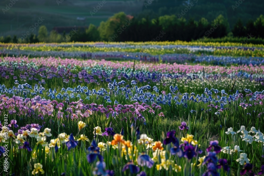 Vibrant Blooming Flower Field at Sunset with Multicolored Flowers Vibrant Blooming Flower Field at Sunset with Multicolored Flowers