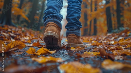 Walking on Fallen Autumn Leaves in a Forest