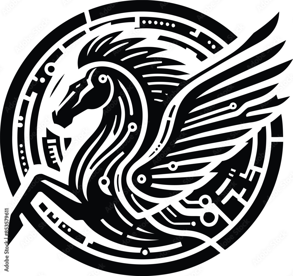 pegasus silhouete with cyberpunk pattern illustration pegasus silhouete with cyberpunk pattern illustration