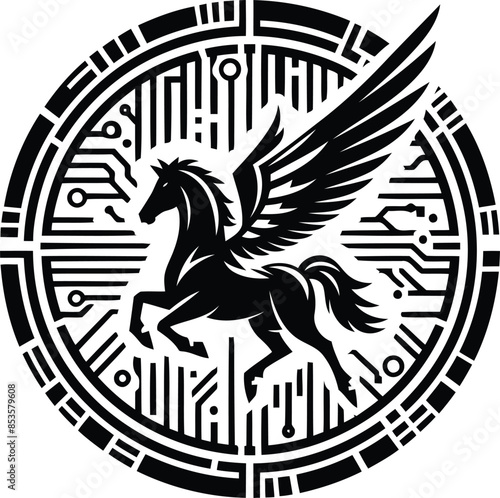 pegasus silhouete with cyberpunk pattern illustration