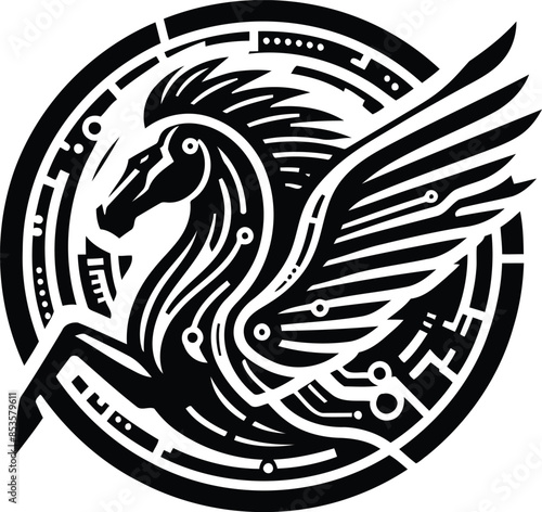 pegasus silhouete with cyberpunk pattern illustration