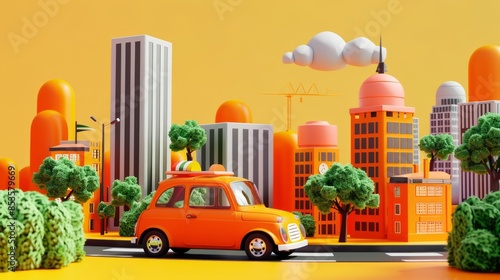 Cute cartoon driving a car to travel in the city