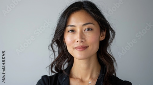 Confident professional woman smiling at camera, close-up portrait on white background, captured in high-definition with Fujifilm quality.