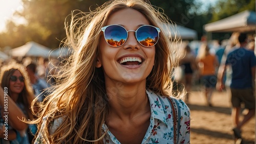 Smiling happy young student Caucasian woman in sunglasses at the summer open air festival with flowing hair and in the sunlight. Portrait, UV protection, optics. 