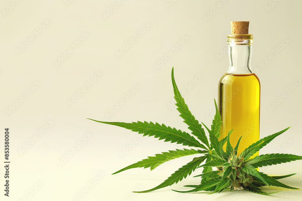 Glass Bottle of Hemp Oil With Fresh Cannabis Plant Leaves, bud on beige background with copy space. Cannabis Natural properties, health products, CBD oil, holistic medicine concept Glass Bottle of Hemp Oil With Fresh Cannabis Plant Leaves, bud on beige background with copy space. Cannabis Natural properties, health products, CBD oil, holistic medicine concept