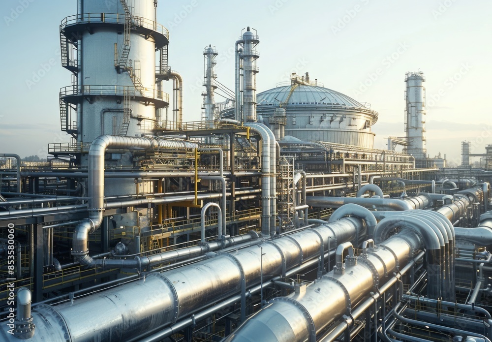 The exterior of a futuristic chemical factory with pipes and storage tanks under a clear sky The exterior of a futuristic chemical factory with pipes and storage tanks under a clear sky
