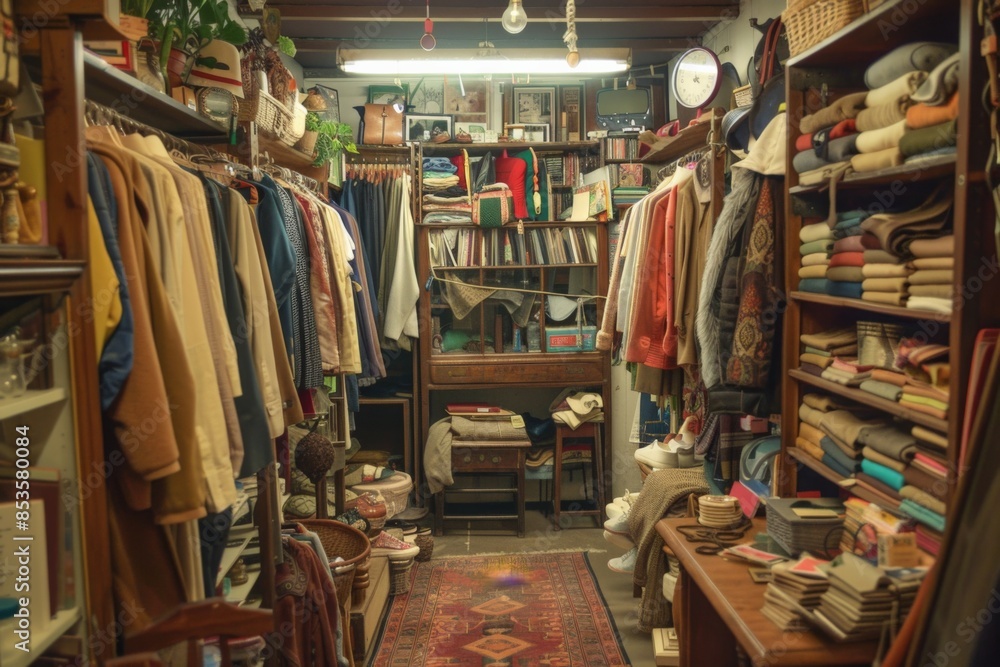 Fototapeta premium European secondhand. Store with clothes and books organized on shelves for customers
