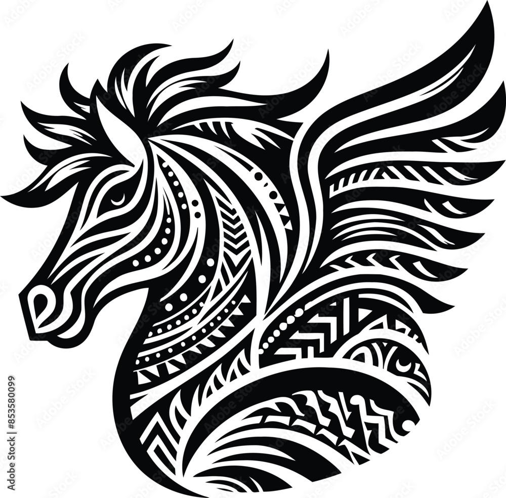 pegasus silhouete with Polynesian ethnic pattern illustration pegasus silhouete with Polynesian ethnic pattern illustration