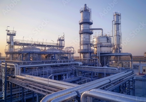 Wallpaper Mural The exterior of a futuristic chemical factory with pipes and storage tanks under a clear sky Torontodigital.ca