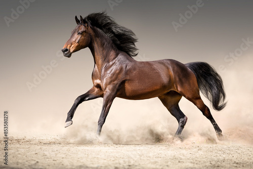 Bay horse free run in desert