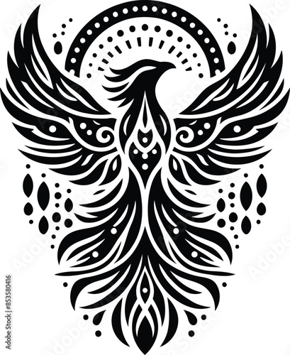 phoenix in silhouete with bohemian nature pattern illustration