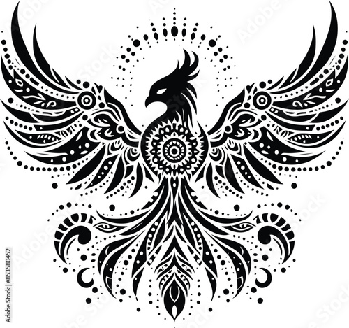 phoenix in silhouete with bohemian nature pattern illustration