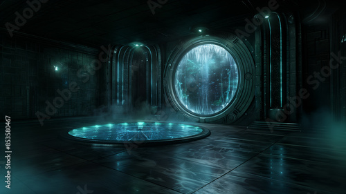 Großer leerer futuristischer Raum mit leuchtenden runden metallischen Elementen,  Sci-Fi Hintergrundbild photo