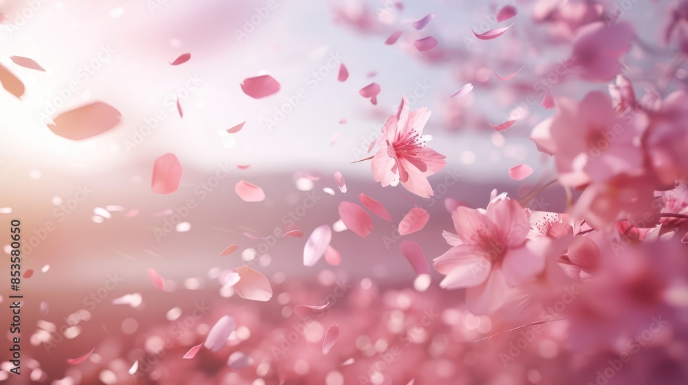 Delicate Pink Cherry Blossoms Falling in the Wind During a Sunny Spring Day Delicate Pink Cherry Blossoms Falling in the Wind During a Sunny Spring Day