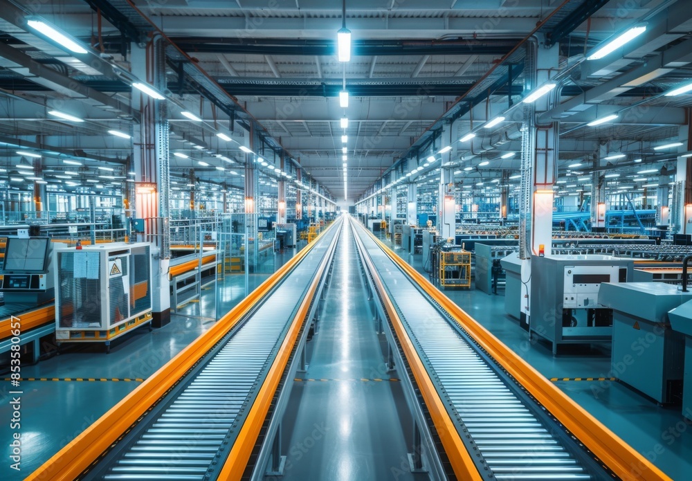 Fototapeta premium The interior of a modern electronics manufacturing facility with conveyor belts and machinery