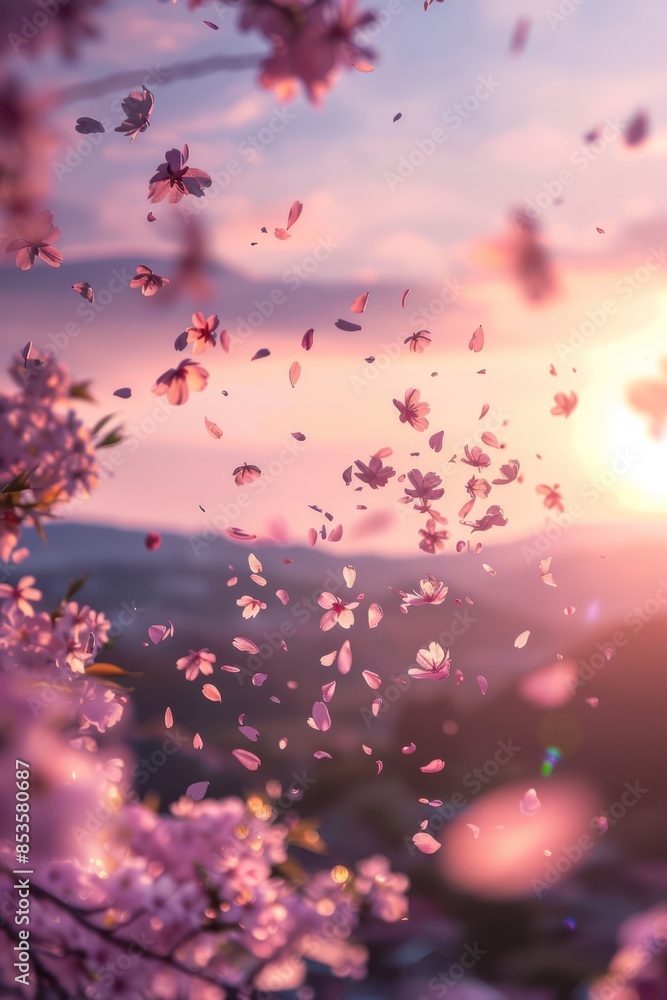 Delicate Pink Cherry Blossoms Falling in the Wind During a Sunny Spring Day Delicate Pink Cherry Blossoms Falling in the Wind During a Sunny Spring Day