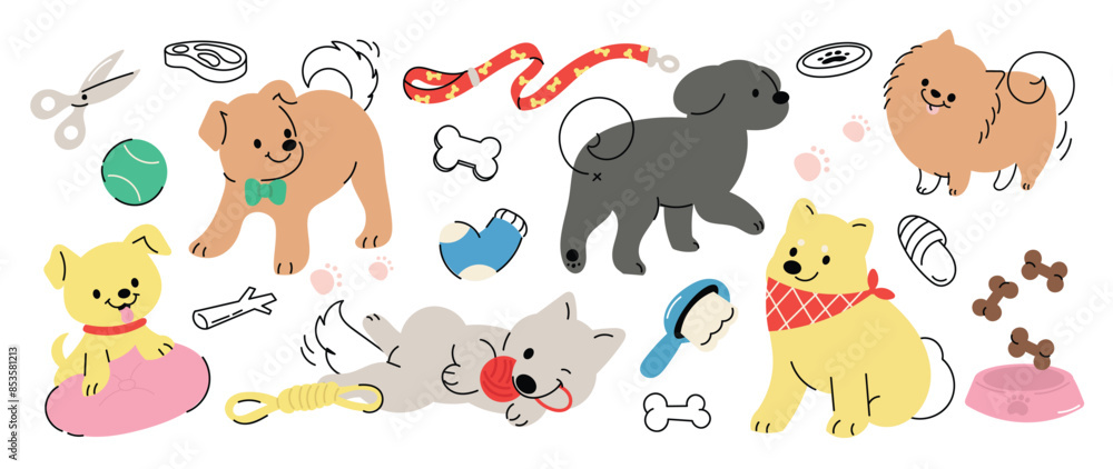 Cute dogs doodle vector set. Cartoon dog or puppy characters design collection with flat color in different poses, toy, ball, dog food, bowl. Set of funny pet animals isolated on white background. Cute dogs doodle vector set. Cartoon dog or puppy characters design collection with flat color in different poses, toy, ball, dog food, bowl. Set of funny pet animals isolated on white background.