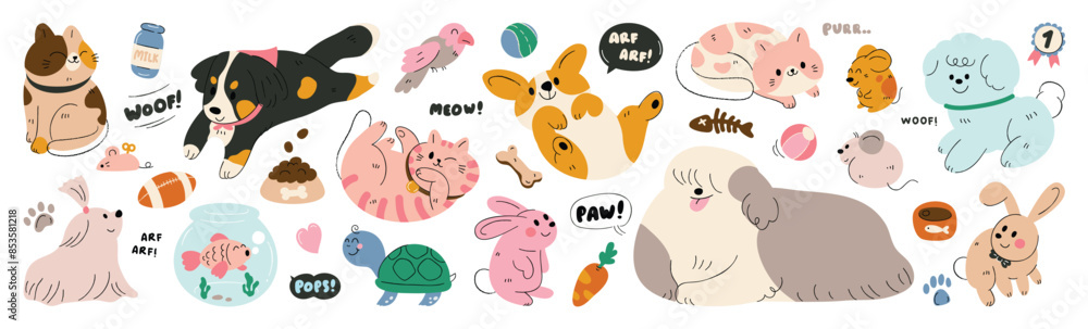 Cute pet doodle vector set. Cartoon animals characters design collection with dog, cat, bird, fish, rabbit, rat, turtle in different poses. Set of funny pet animals isolated on white background.