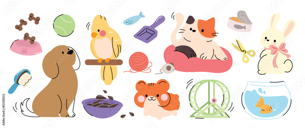 Cute pet doodle vector set. Cartoon animals characters design collection with dog, cat, bird, fish, hamster, rabbit in different poses. Set of funny pet animals isolated on white background. Cute pet doodle vector set. Cartoon animals characters design collection with dog, cat, bird, fish, hamster, rabbit in different poses. Set of funny pet animals isolated on white background.