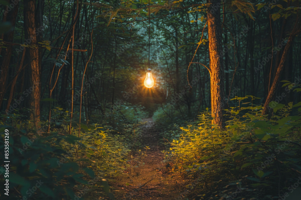 Obraz premium A single light bulb hanging in a forest, illuminating a path