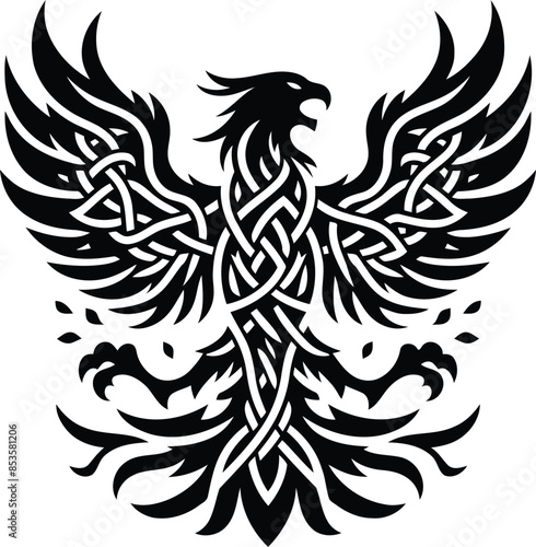 phoenix in silhouete with celtic knot pattern illustration